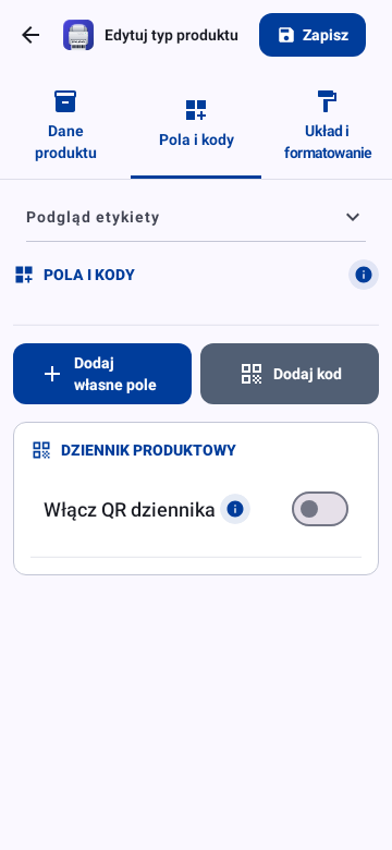Product type: fields and codes
