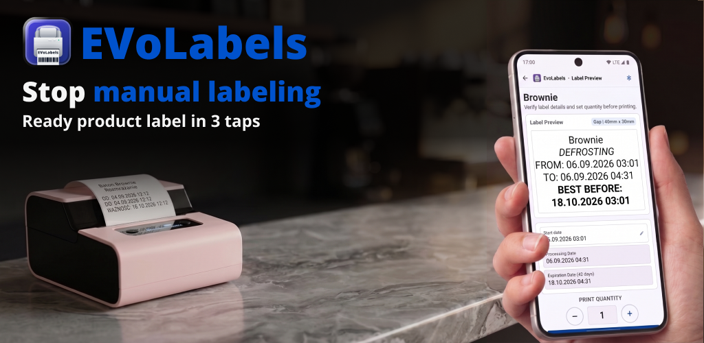 EVoLabels on a phone next to a thermal label printer